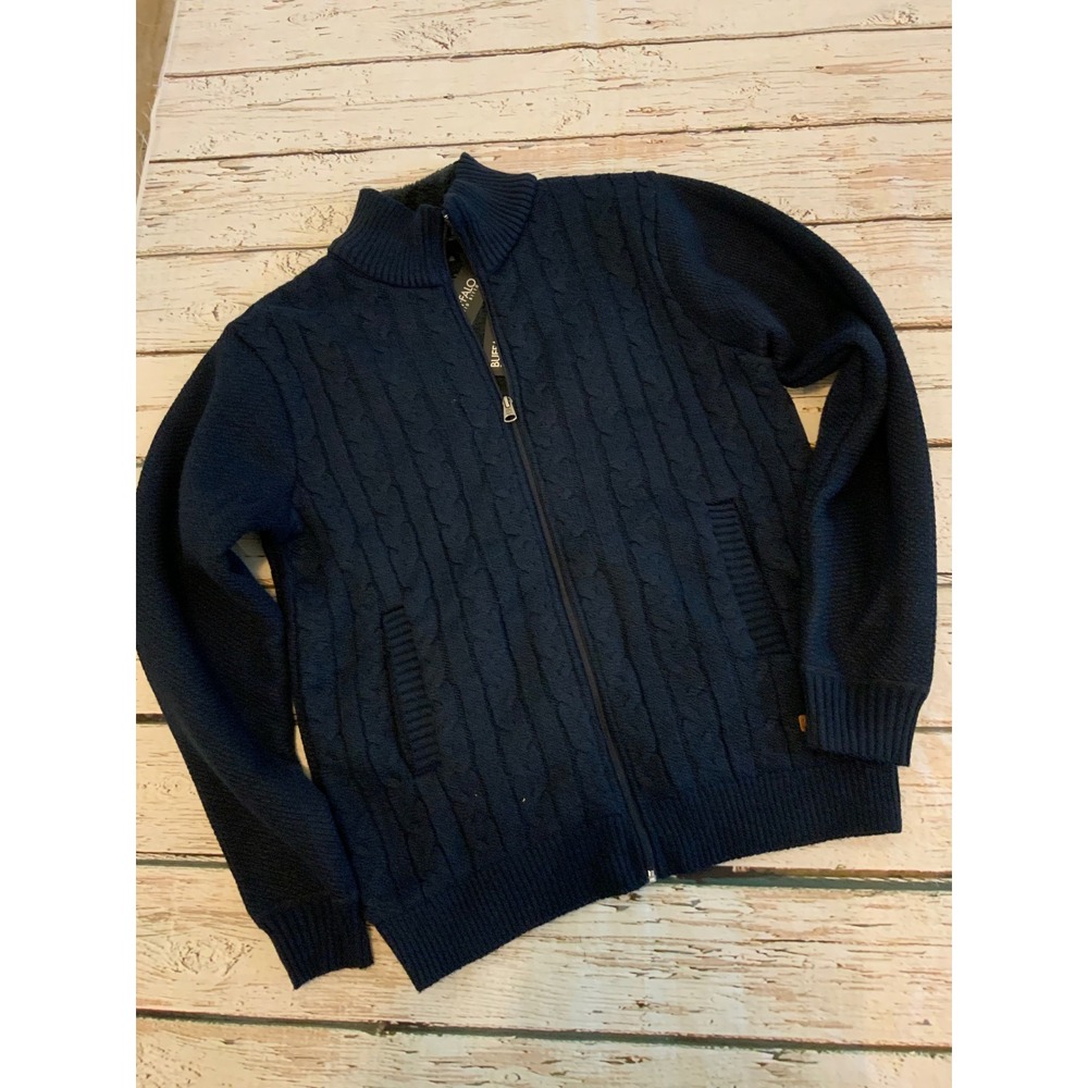 Buffalo David Bitton Mens Navy Blue Cable Knit Full Zip Fleece Cardigan L NWT